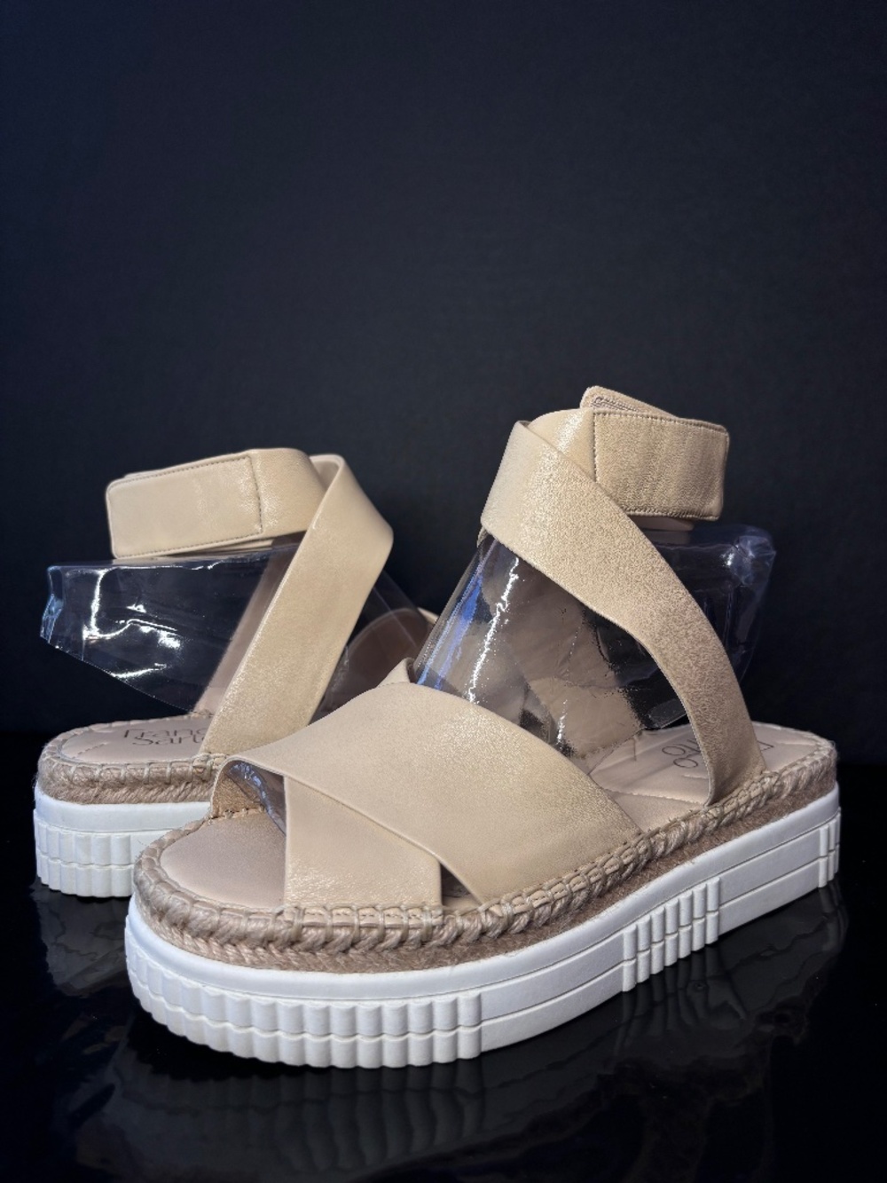Franco Sarto Leather Platform Espadrille Sandals Beige Velcro Strap Comfort S6